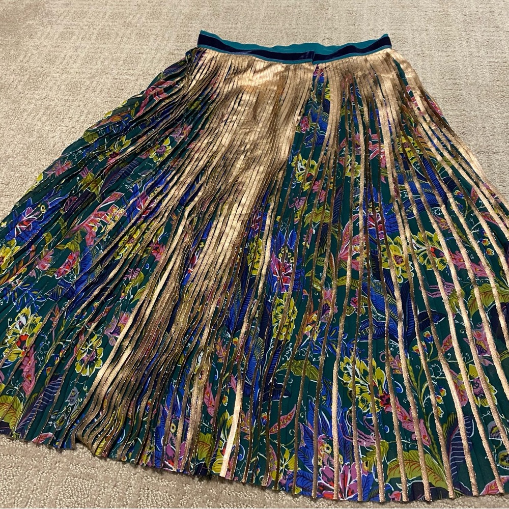{Maeve by Anthropologie} Metallic Pleated Midi Skirt | Floral Printed Panel ~ 2 - Picture 5 of 16